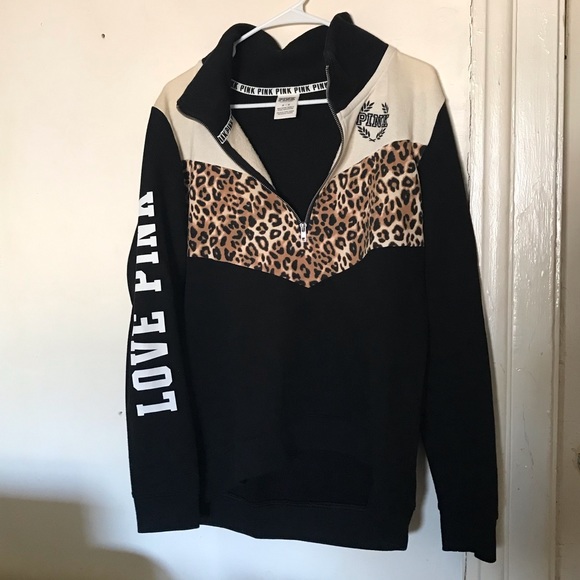 PINK Victoria's Secret Tops - Vs Pink Black & Leopard Print Rare Half Zip Sweatshirt